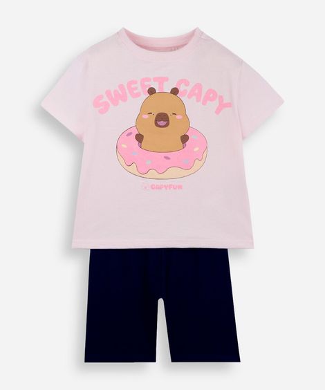 conjunto curto infantil de algodão capivara rosa