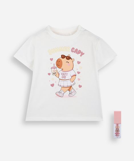 camiseta infantil de algodão manga curta capivara com brinde off white