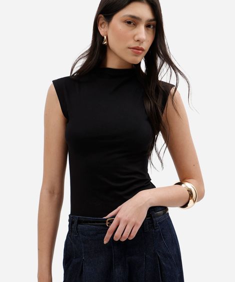 blusa feminina de gola alta em malha de algodão preta