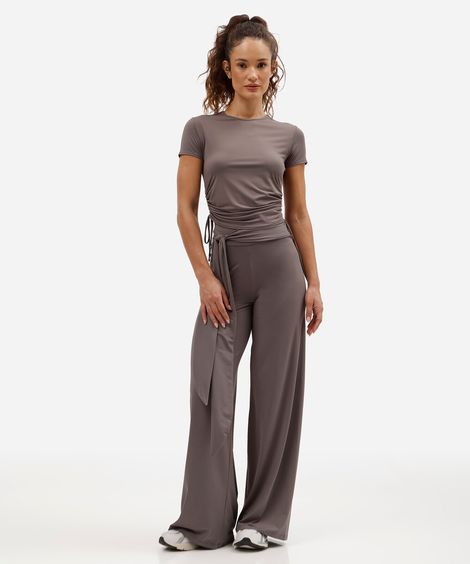 calça flare esportiva feminina de poliamida com amarração cinza