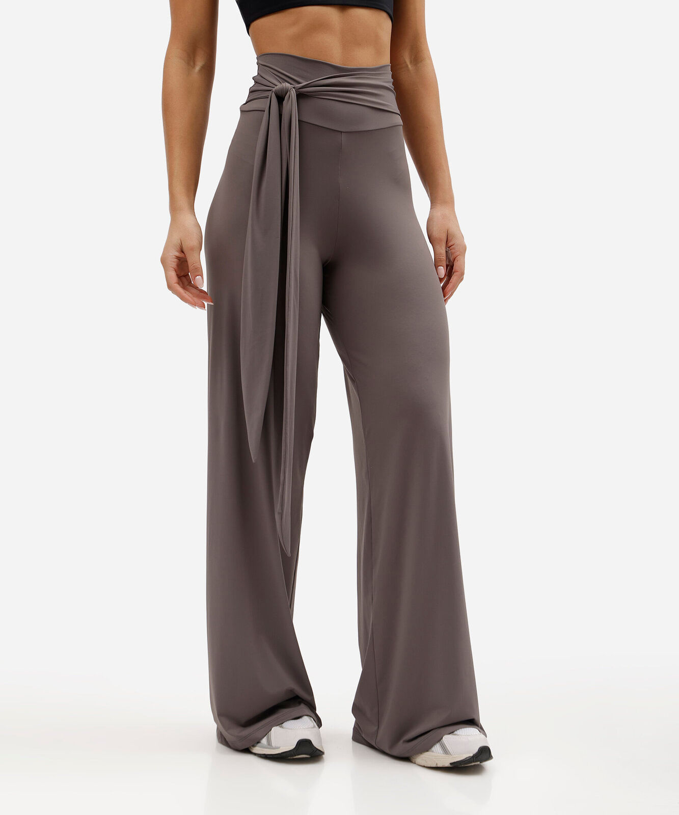 calça flare esportiva feminina de poliamida com amarração cinza