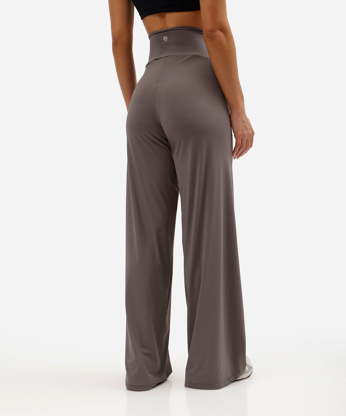 calça flare esportiva feminina de poliamida com amarração cinza