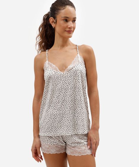 pijama short doll feminino de poliamida com renda corações off white