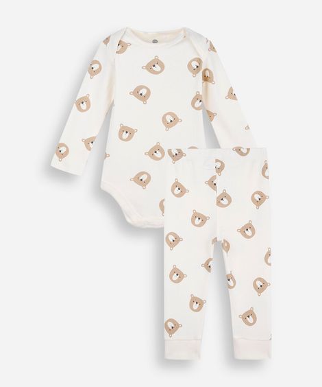 conjunto longo infantil de algodão ursinhos off white