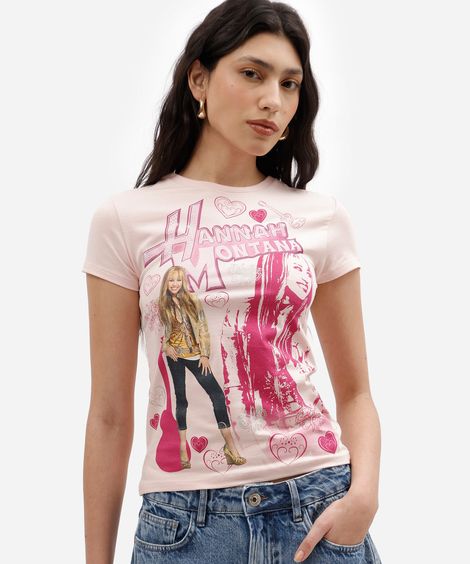 camiseta babylook feminina de algodão hannah montana rosa