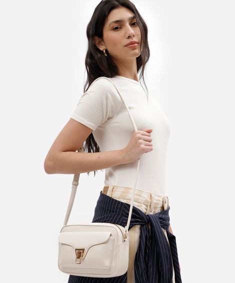 bolsa feminina crossbody texturizada com bolso frontal e fecho metálico off white