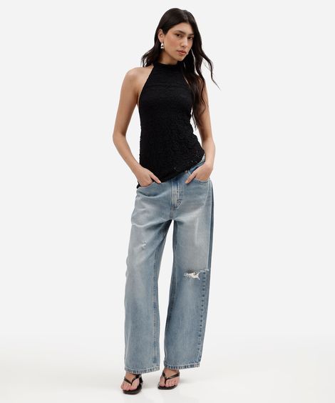 calça baggy balloon feminina jeans cintura média destroyed azul