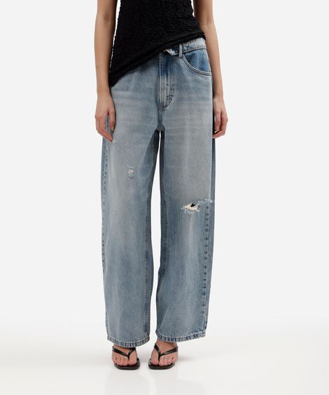calça baggy balloon feminina jeans cintura média destroyed azul