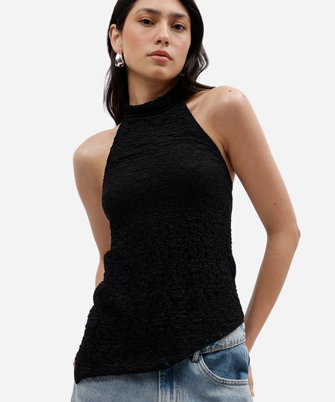 blusa feminina de renda frente única assimétrica preta