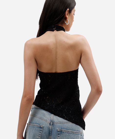 blusa feminina de renda frente única assimétrica preta