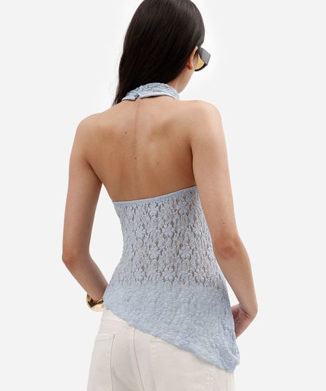 blusa feminina de renda frente única assimétrica azul