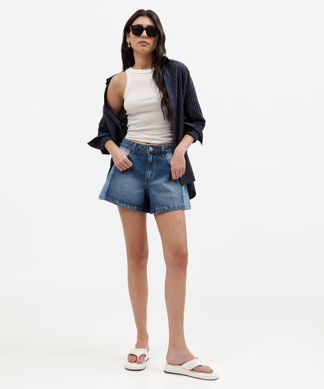 short feminino jeans com recortes cintura alta azul
