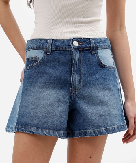 short feminino jeans com recortes cintura alta azul