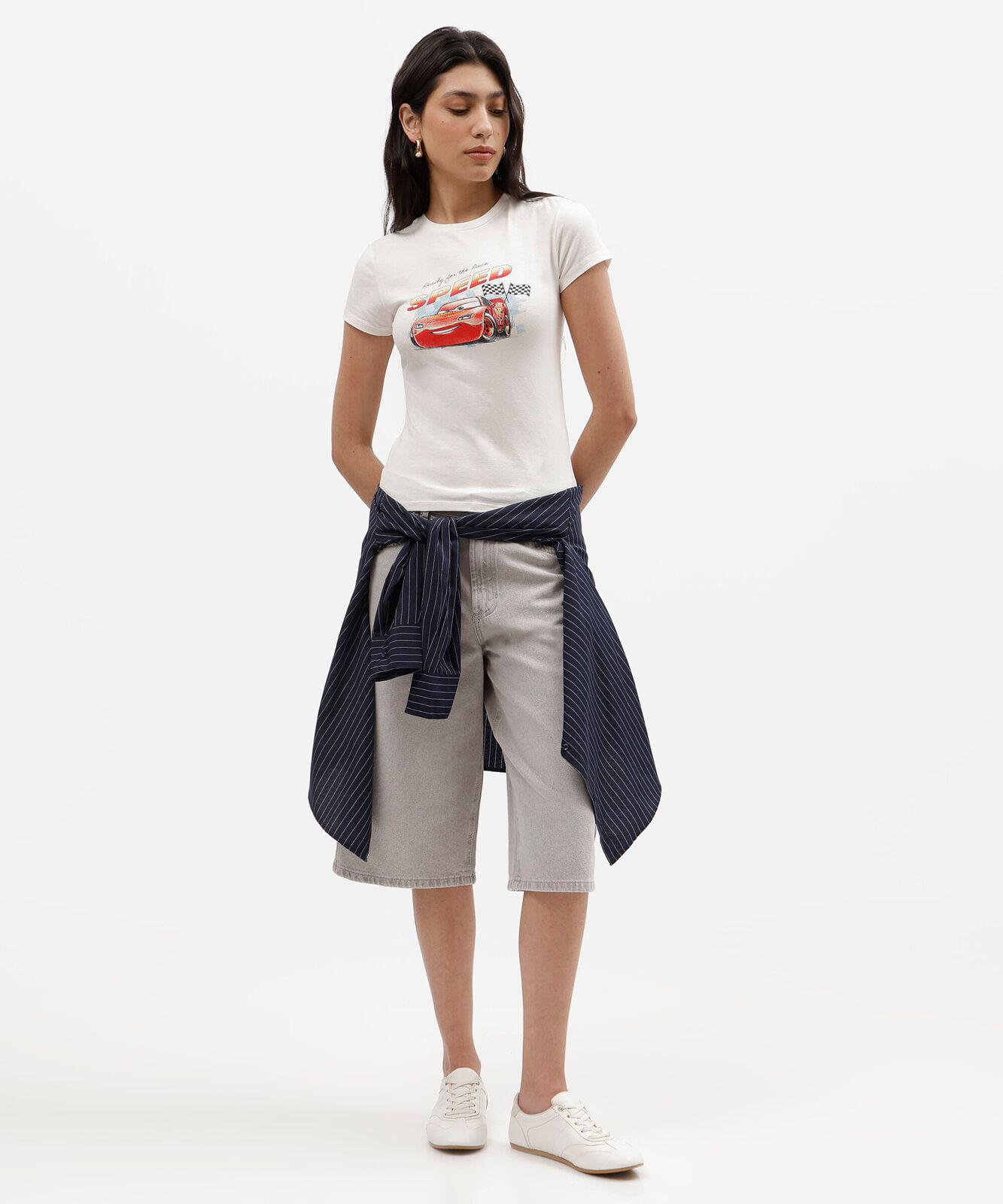 blusa baby look feminina de algodão manga curta carros off white