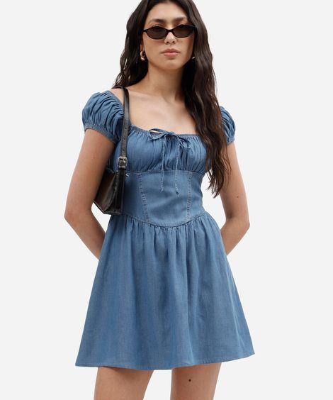 vestido curto feminino jeans manga bufante azul