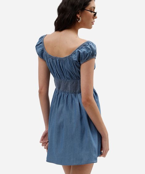 vestido curto feminino jeans manga bufante azul