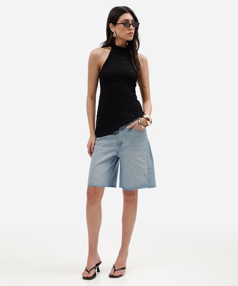 bermuda feminina jeans cintura média barra à fio azul