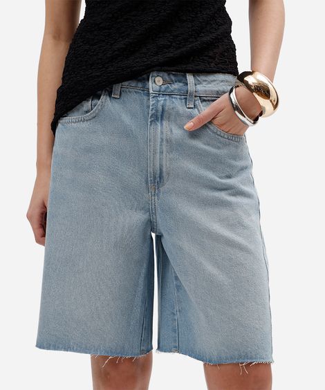 bermuda feminina jeans cintura média barra à fio azul