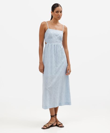 vestido midi feminino de laise alça fina com recorte azul