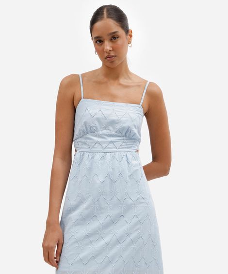 vestido midi feminino de laise alça fina com recorte azul