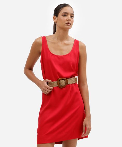 vestido curto feminino de viscose com cinto vermelho