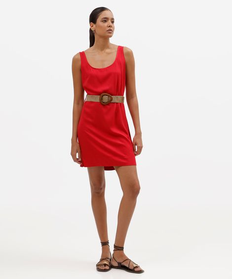 vestido curto feminino de viscose com cinto vermelho