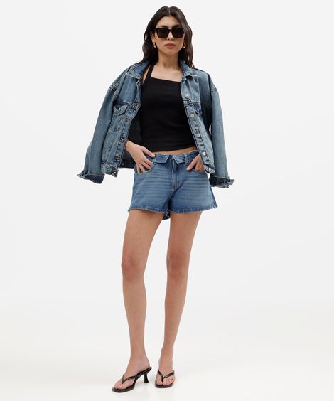 short feminino jeans cós dobrado cintura baixa azul