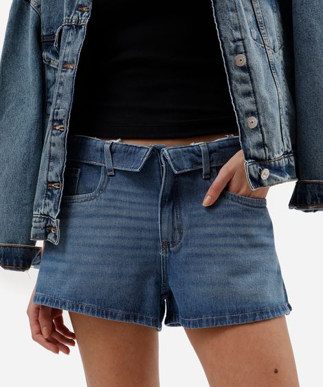 short feminino jeans cós dobrado cintura baixa azul