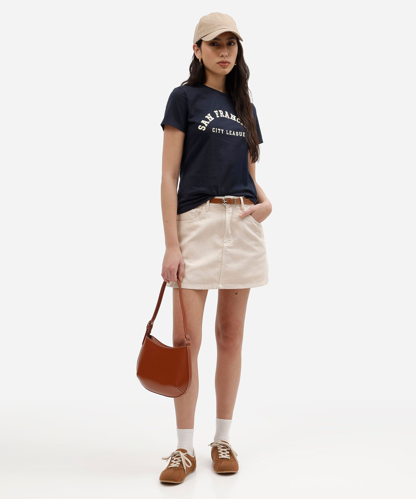 short saia feminino de sarja com cinto bege