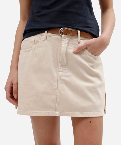 short saia feminino de sarja com cinto bege