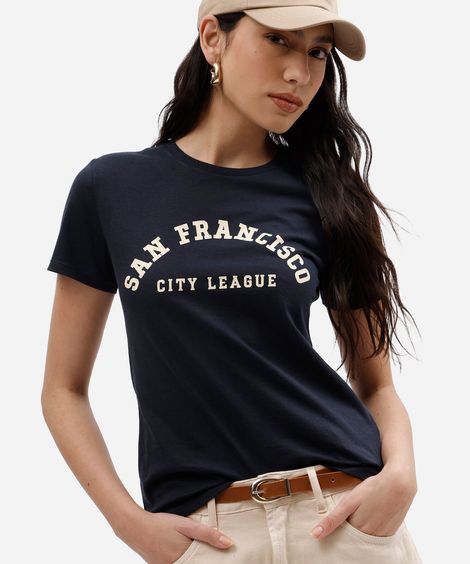 camiseta slim feminina de algodão manga curta estampada básica azul