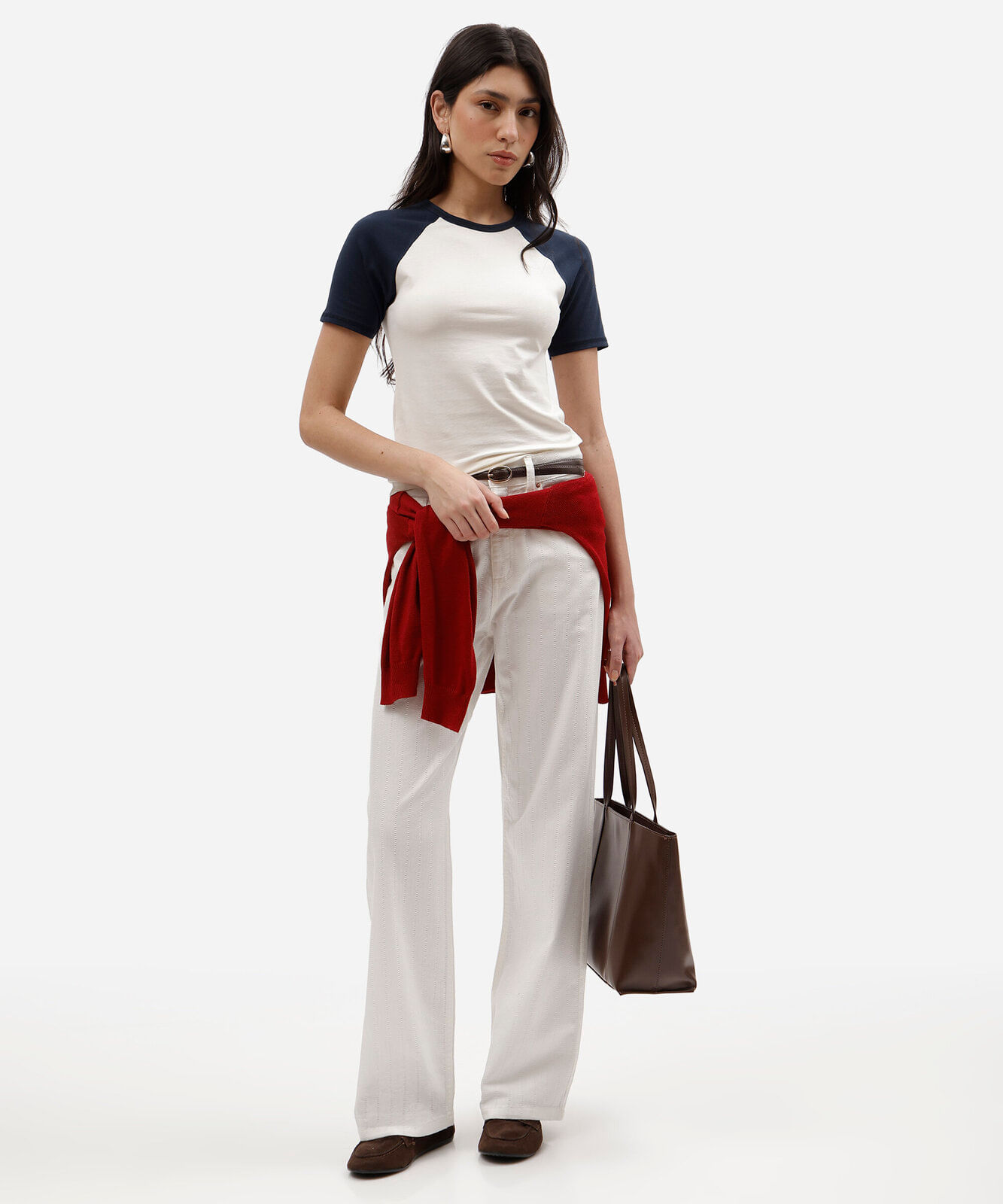 calça wide leg slim feminina de sarja cintura alta texturizada off white