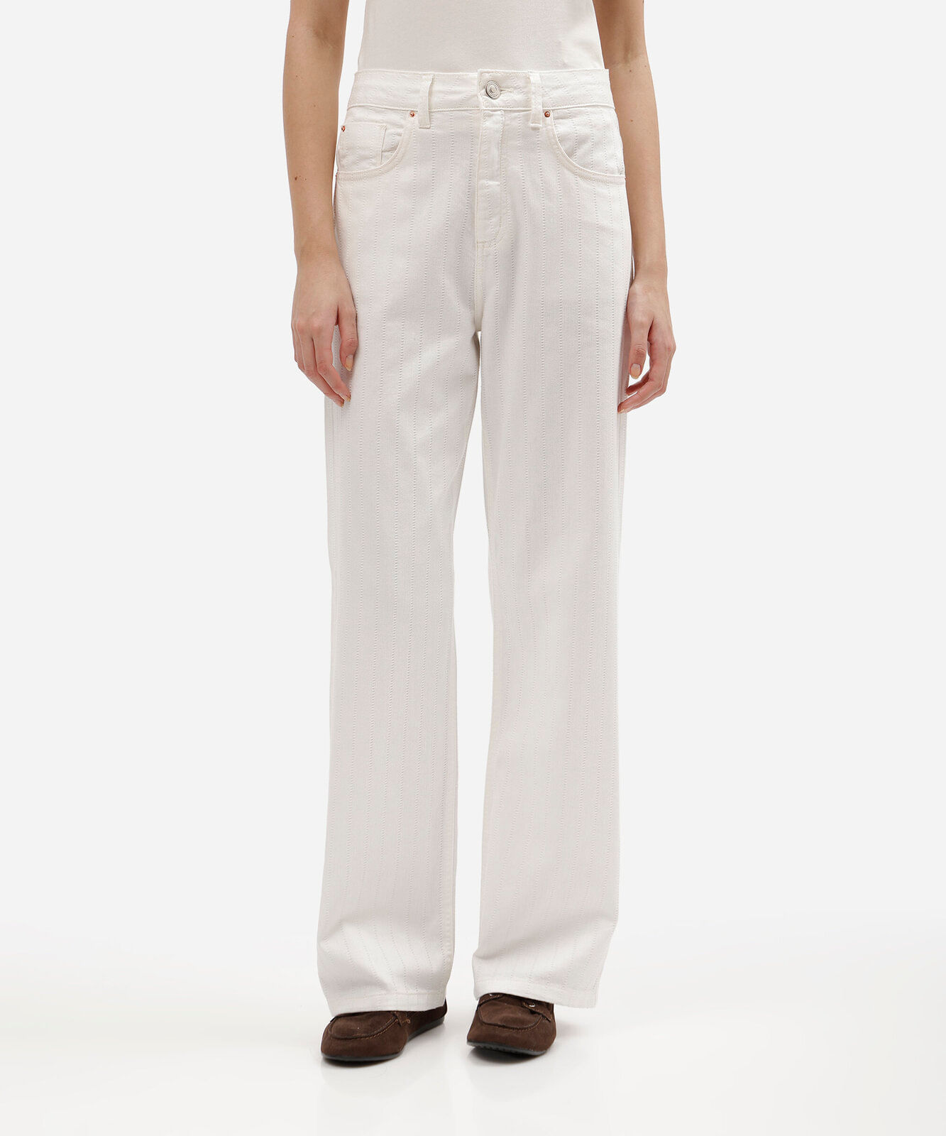 calça wide leg slim feminina de sarja cintura alta texturizada off white