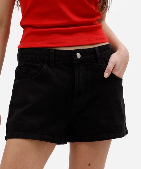short feminino jeans cintura média preto