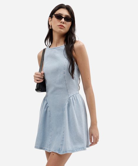 vestido curto feminino jeans com recorte azul