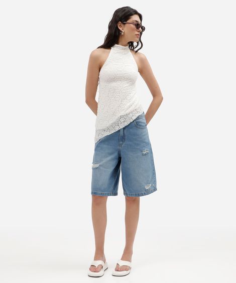 bermuda jorts feminina jeans cintura média destroyed azul