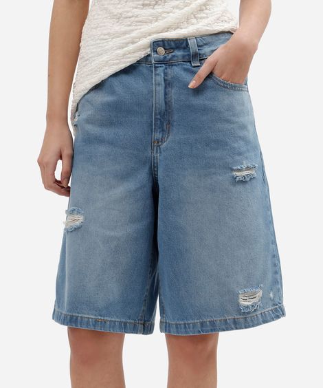 bermuda jorts feminina jeans cintura média destroyed azul