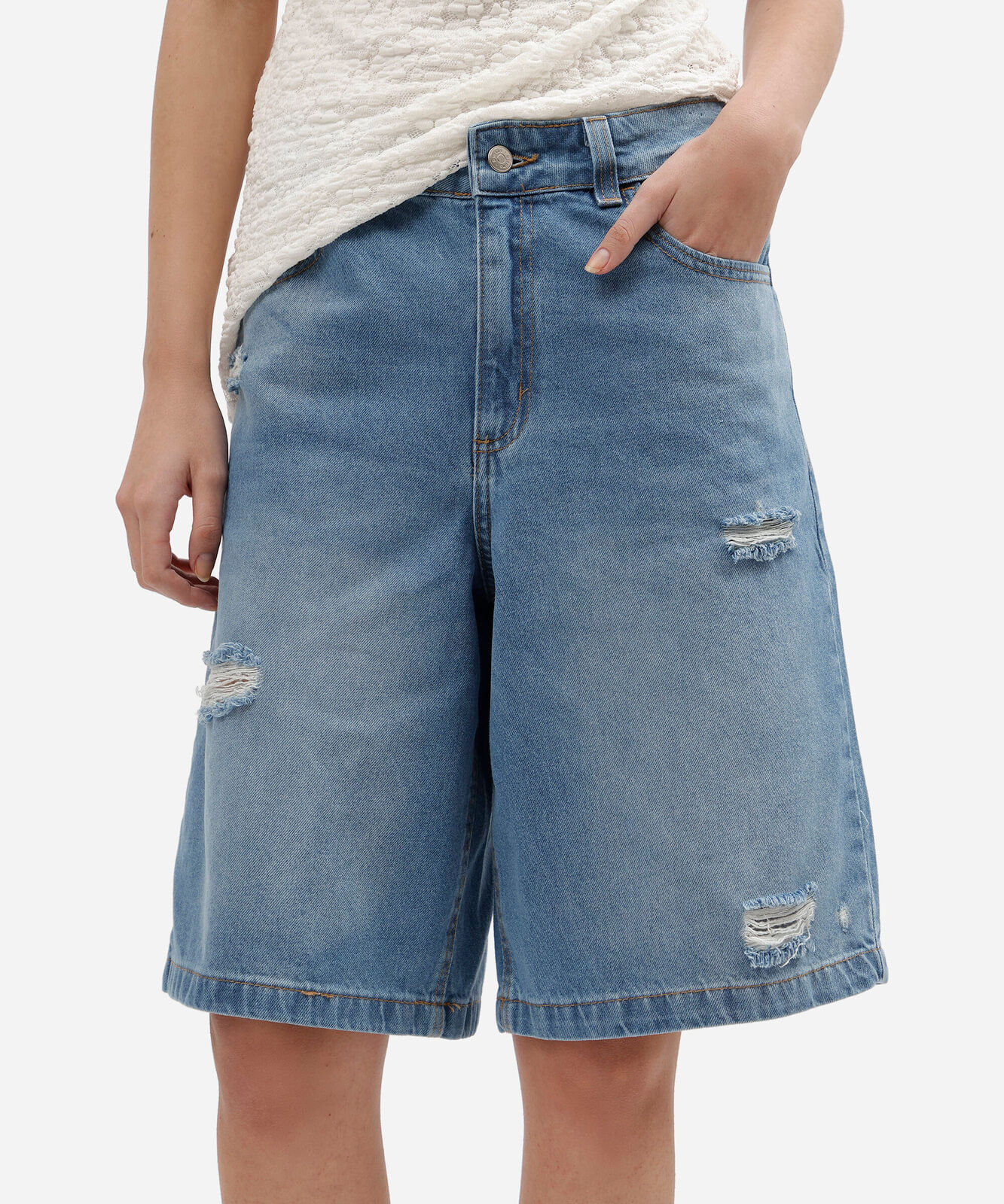 bermuda jorts feminina jeans cintura média destroyed azul