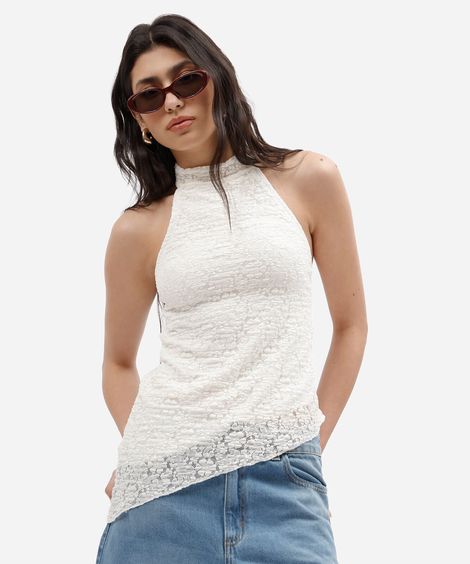 blusa feminina de renda frente única assimétrica off white