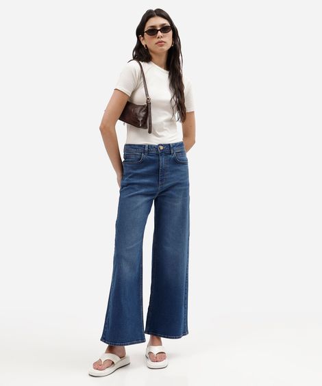 calça wide leg cropped feminina jeans cintura alta azul