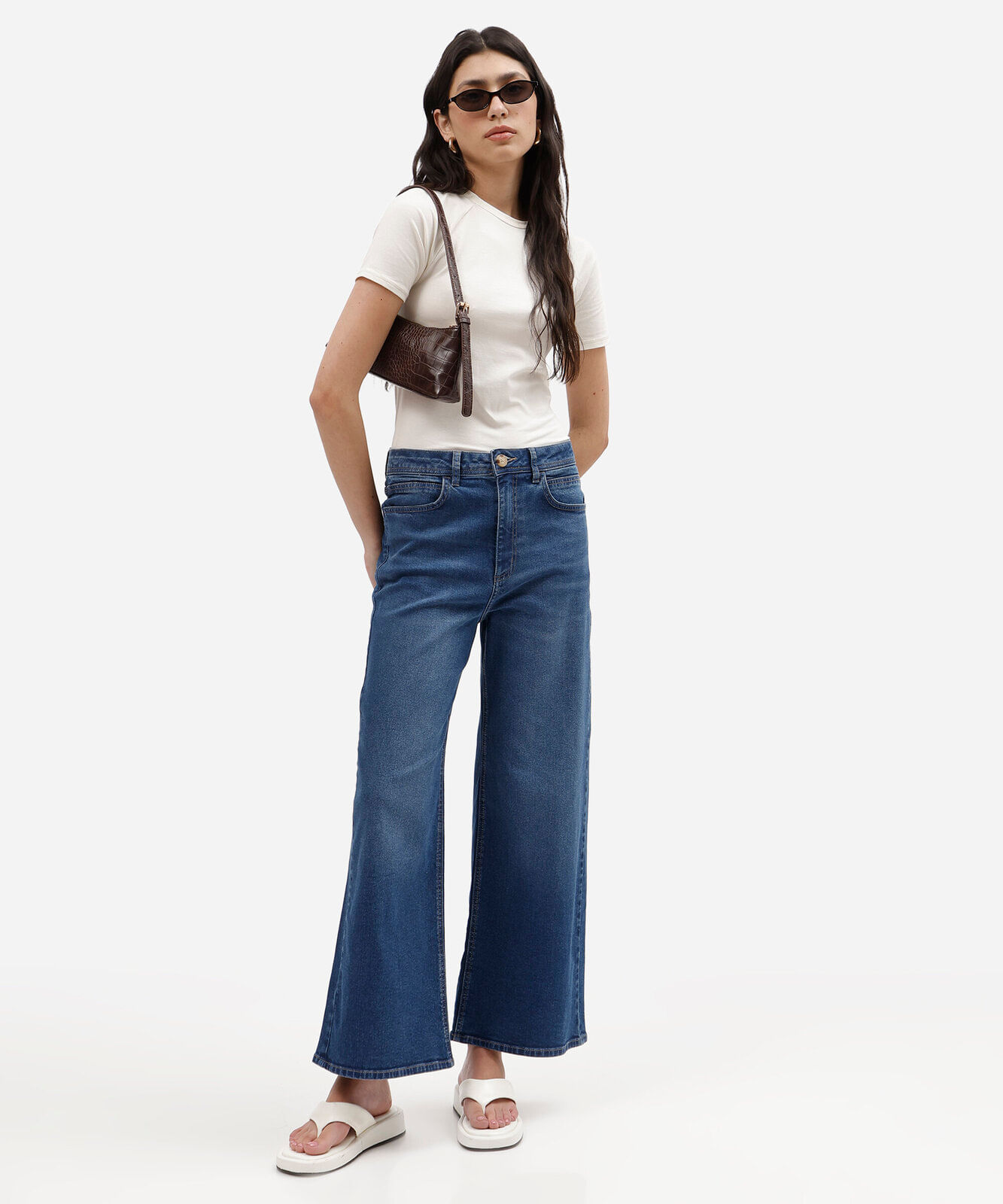 calça wide leg cropped feminina jeans cintura alta azul