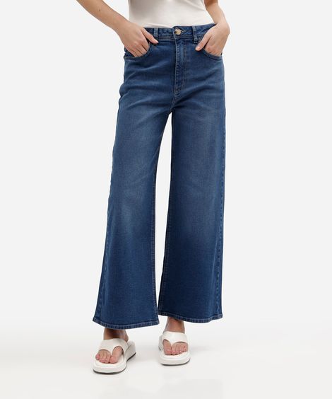 calça wide leg cropped feminina jeans cintura alta azul