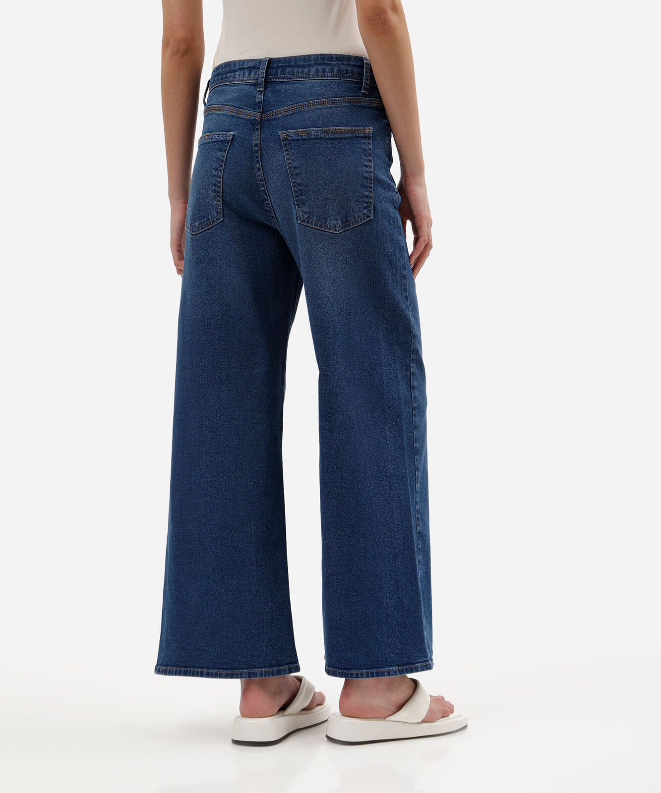 calça wide leg cropped feminina jeans cintura alta azul