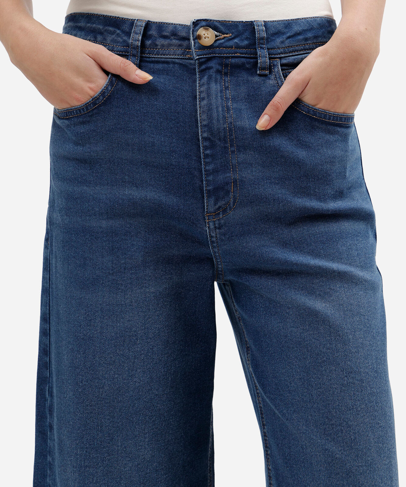 calça wide leg cropped feminina jeans cintura alta azul