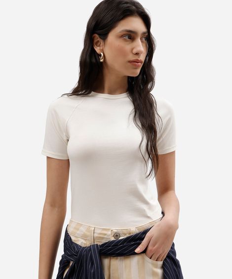 blusa baby look feminina de algodão manga curta raglan básica off white