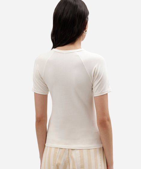 blusa baby look feminina de algodão manga curta raglan básica off white