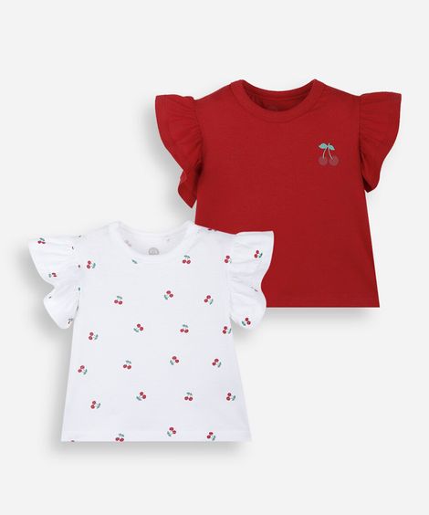 kit de 2 blusas infantis de algodão manga curta cerejas colorido