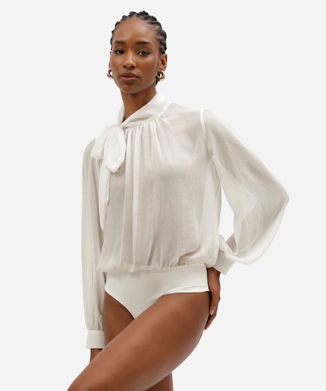 body feminino gola laço manga bufante texturizado off white