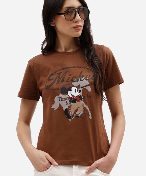 camiseta feminina de algodão manga curta mickey marrom