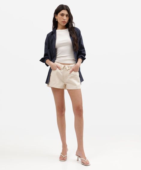 short feminino de sarja cós dobrado cintura baixa off white